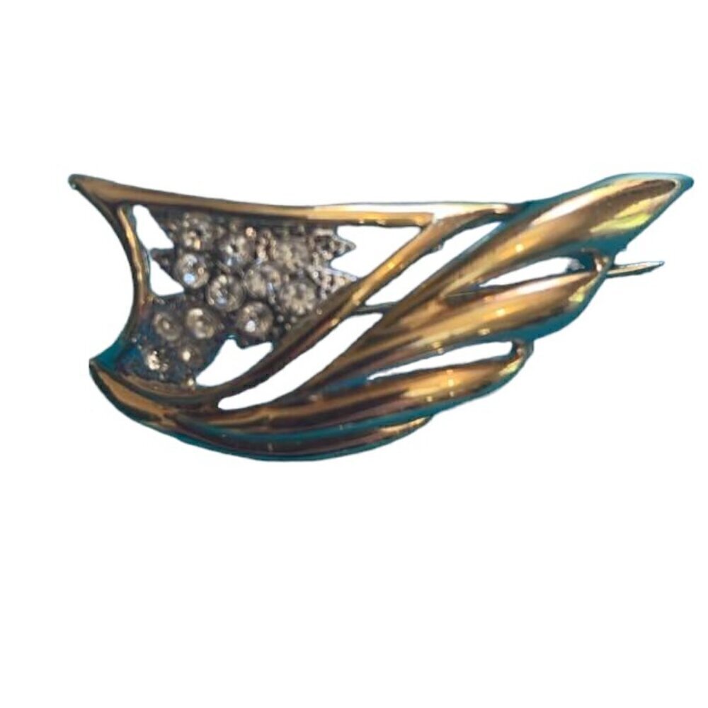 Vintage Diamante Bright Gold Tone Metal Stylish Leaf Shape Brooch
